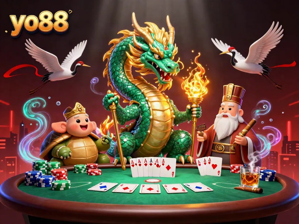 Experience thrilling gameplay with yo88, featuring a jade dragon, turtle sage, and poker elements.