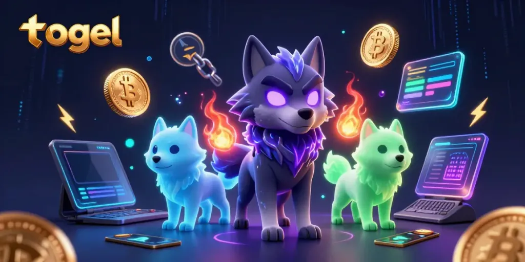 Togel scene with a mystical wolf pack in a vibrant casino setting, showcasing energetic cryptocurrency elements.