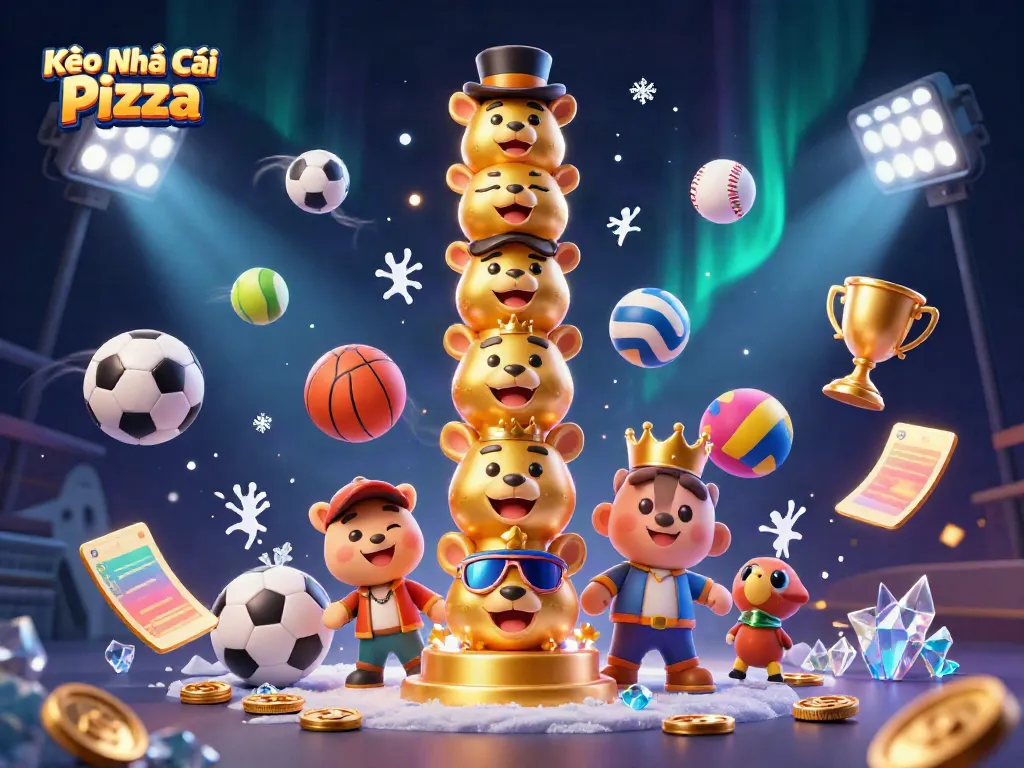 Kèo Nhà Cái Pizza showcases a vibrant 3D scene of dynamic sports betting elements and a golden totem.