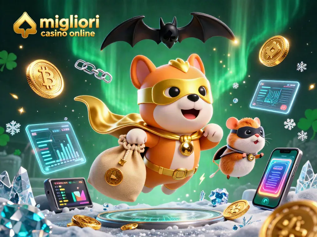 I migliori casino online presentano un cane supereroe che vola nel cielo con monete d'oro e un criceto con maschera, simboli di poker e crypto fluttuanti.