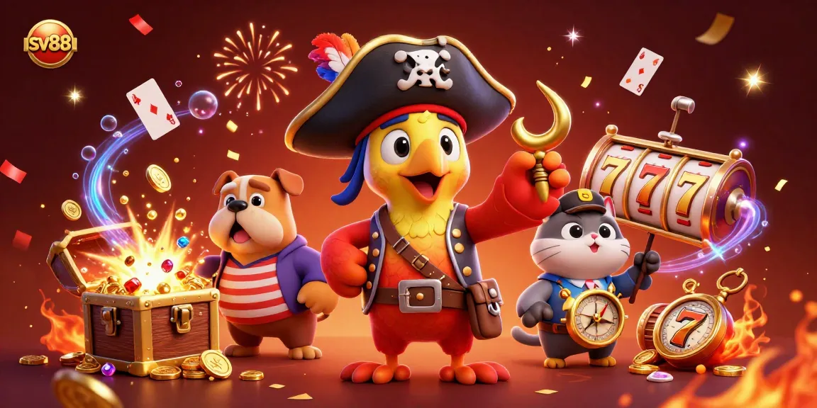 Join the sv88 pirate adventure with vibrant characters and treasure in a playful casino scene.