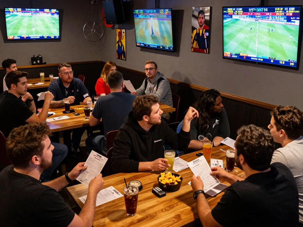 Fans engaging in sports betting at a lively bar, highlighting the excitement of uu88bet