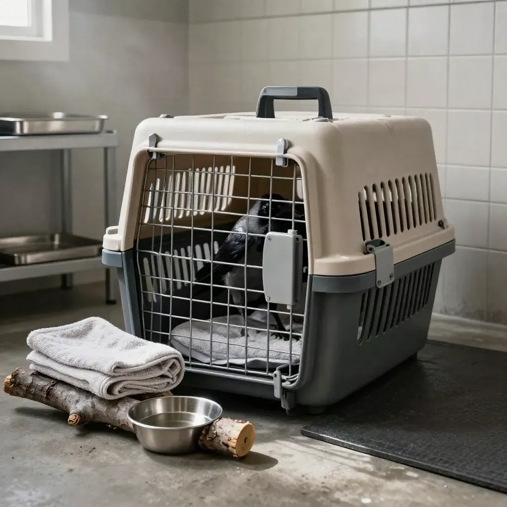 Open wildlife carrier in a rehab bay beside a perch, heat pad, and water dish