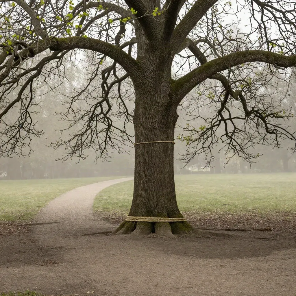 A protected park nest tree with rope perimeter, mulch ring, and a diverted path in moody light.