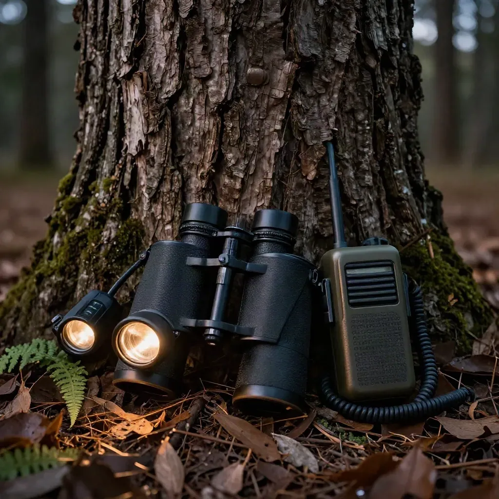 Tree-base roost monitoring kit with binoculars, tally counter, headlamp, and radio at dusk.