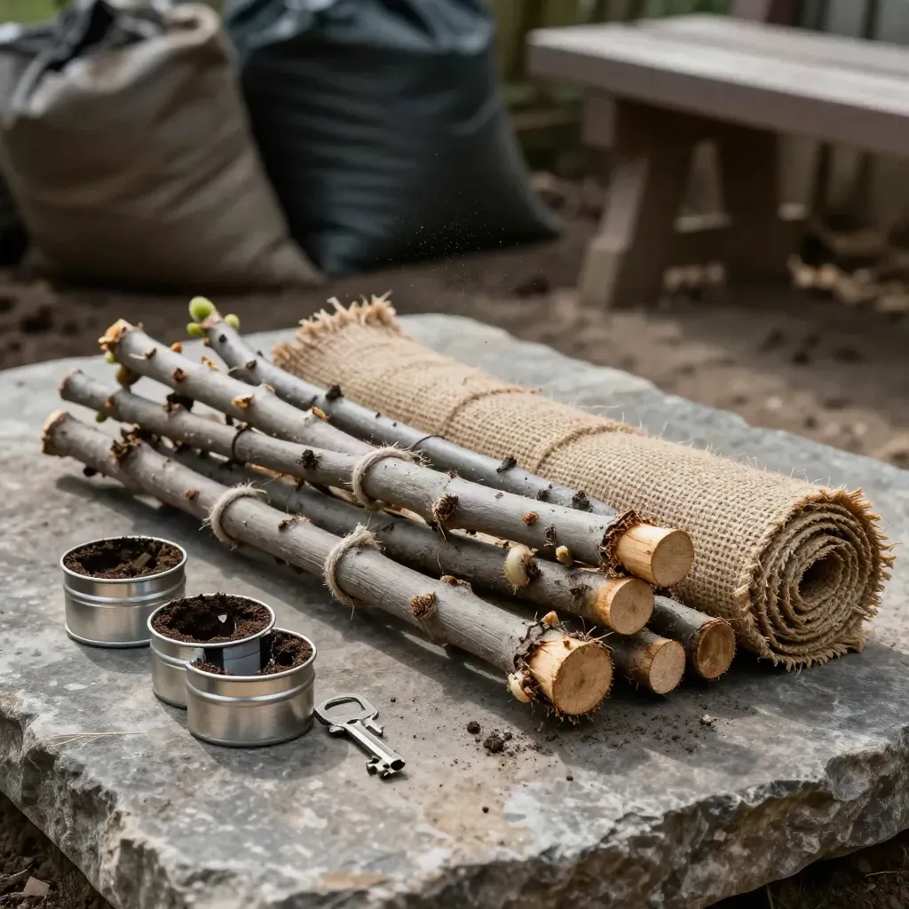 Willow cuttings, soil tins, and a rolled jute erosion mat on stone.