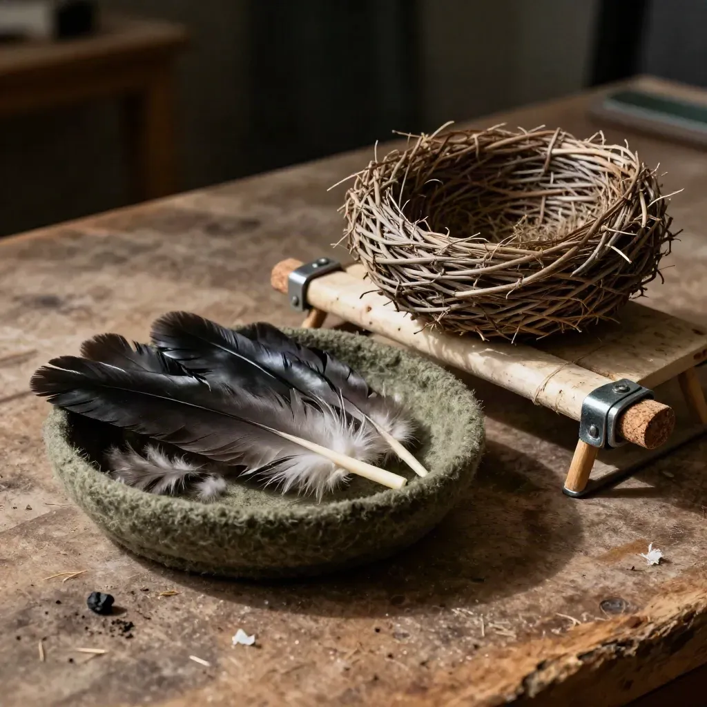 Close-up of crow education tools: feathers, a model nest, and a portable perch on a workbench.