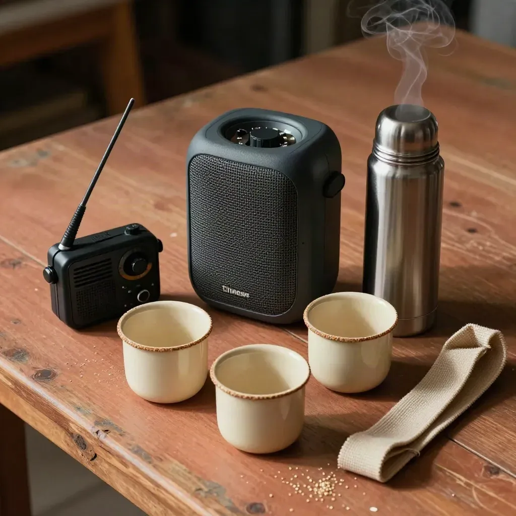 Top-down outreach kit with speaker, radio and enamel cups on a rustic wood table.