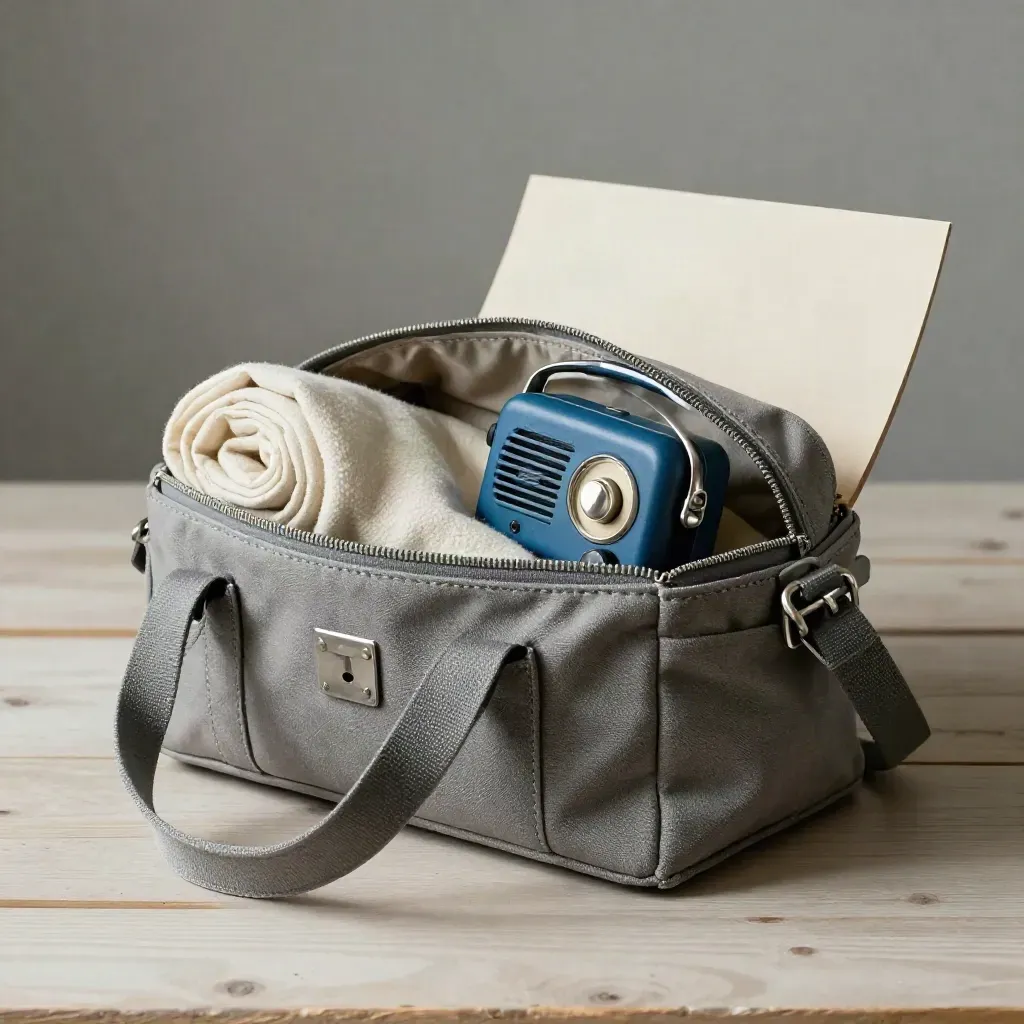 Open field bag with rolled blanket, clip radio, and crate latch on pale wood in soft side light