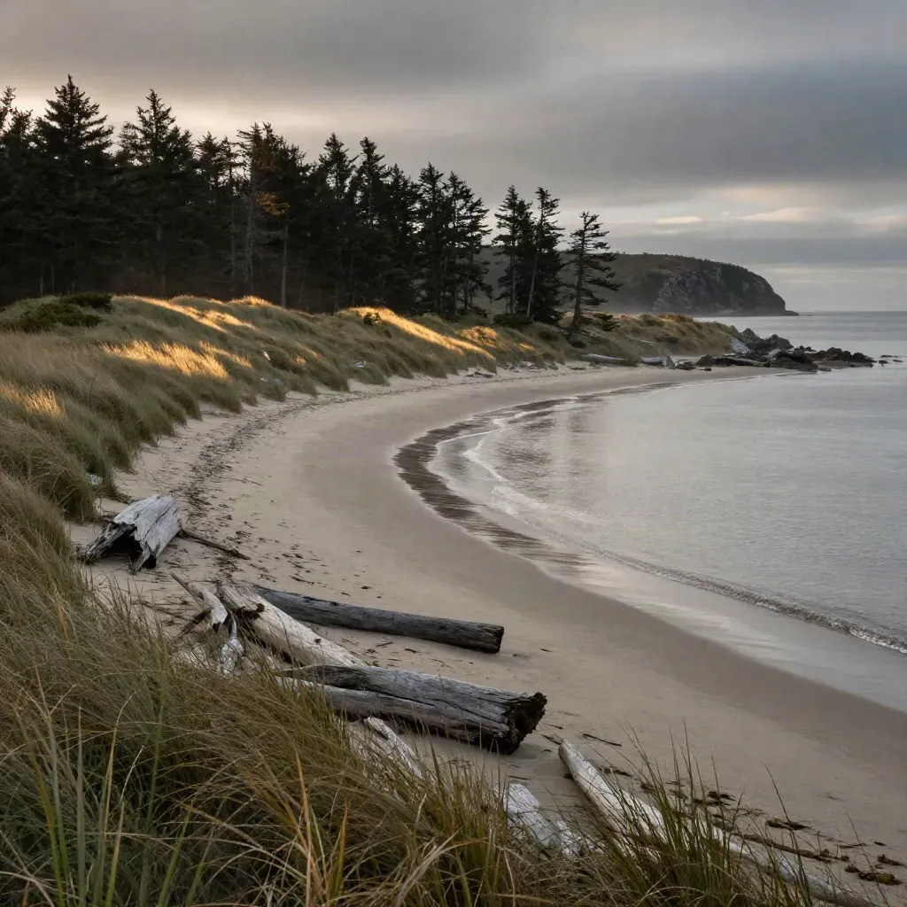 Coastal estuary at dusk with spruce and dune grass above calm misty water