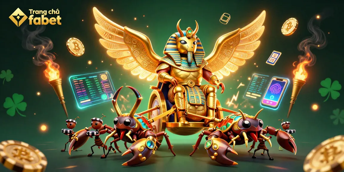 Engage with thrilling gameplay on Trang chủ fabet, featuring a dynamic 3D illustration of a golden scarab and scorpions.