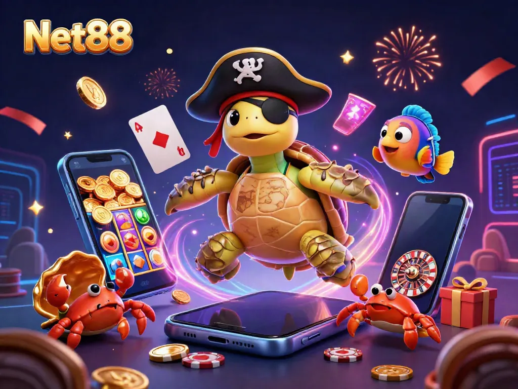 Experience Net88’s vibrant casino scene with a cartoon pirate turtle and friends amid treasures and games.