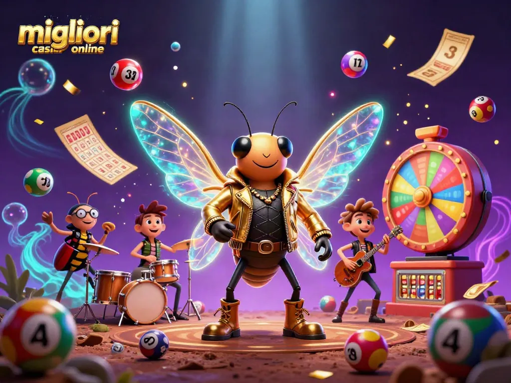 Migliori casino online: gioca con la rock star cicada e vincitori di premi in un'illustrazione vivace e dinamica.