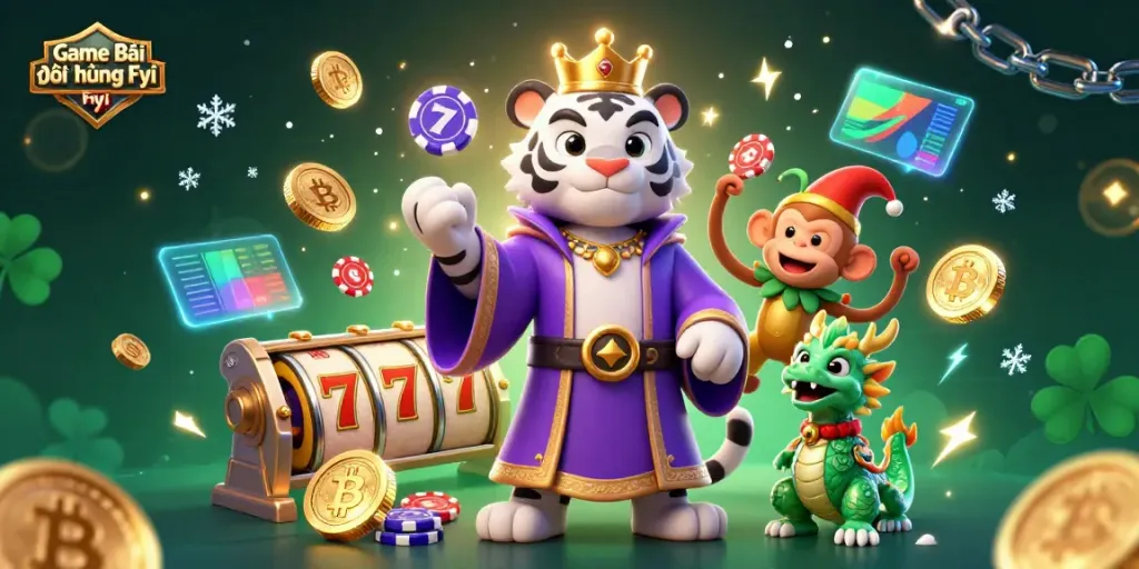 Experience exciting gameplay with Game Bài Đổi Thưởng Fyi featuring a royal white tiger, playful monkey, and jade dragon in a vibrant casino scene.