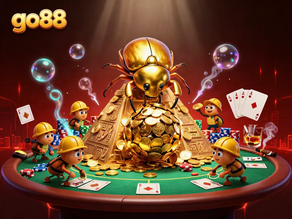 Engage with go88's thrilling world of online gaming with a vibrant 3D casino illustration.