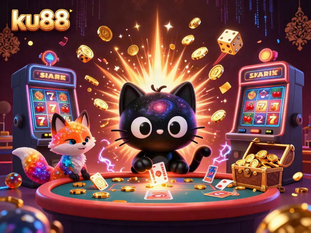 ku88 cosmic casino scene with vibrant characters, stacking chips and golden coins