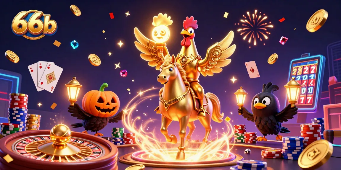 Experience exciting gaming at 66b with the golden rooster and vibrant casino elements.
