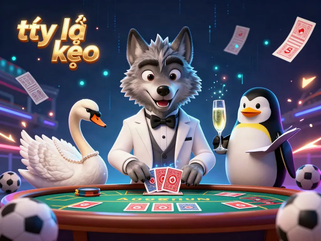 Bet on tỷ lệ kèo with a dynamic 3D cartoon scene of sports betting elements including a wolf and elegant characters.