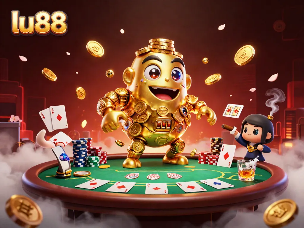 Experience the excitement of lu88 with a golden golem amid poker chips and community cards.