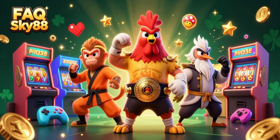 Win big with FAQ Sky88 in an action-packed casino scene featuring vibrant characters and game elements.