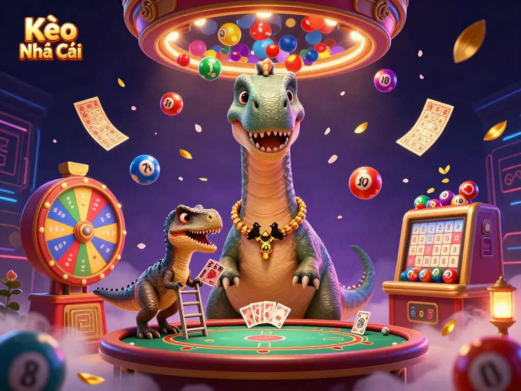 Kèo Nhà Cái highlights exciting casino elements with a towering brontosaurus, clever raptor, and vibrant game visuals.