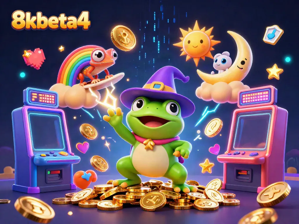 Play and win at 8xbeta4 with a magical scene of a wizard frog and chameleon amidst golden coins.