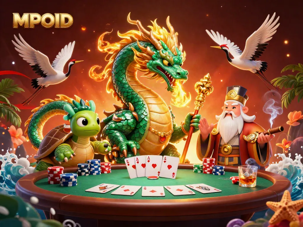 MPOID players revel in a vibrant casino scene with a jade dragon, sage turtle, and poker elements.