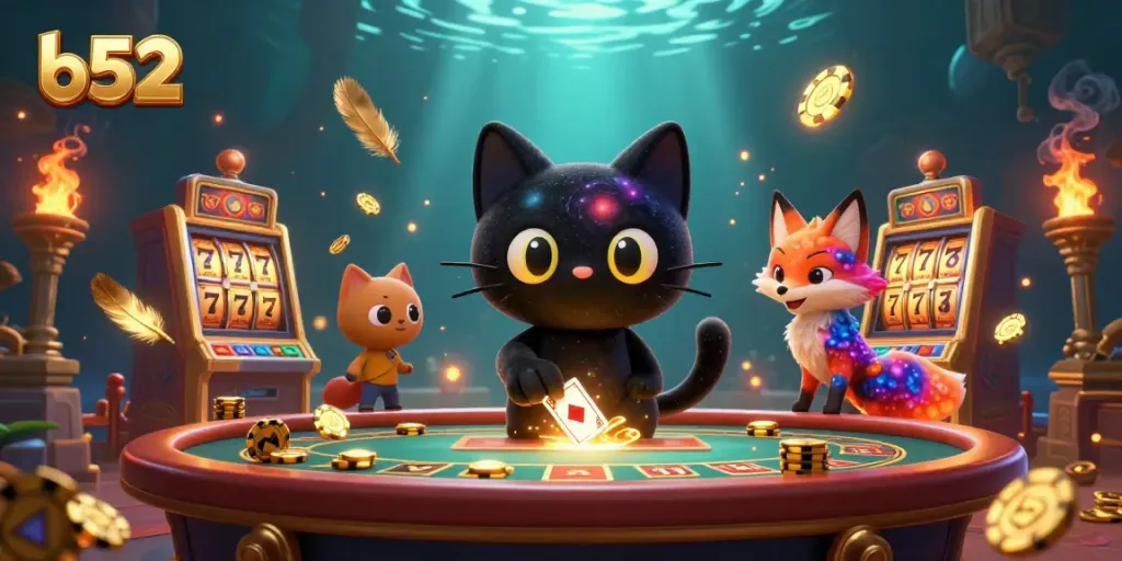 Engage with the exciting b52 casino gameplay as the black hole cat draws in winning chips and cards.