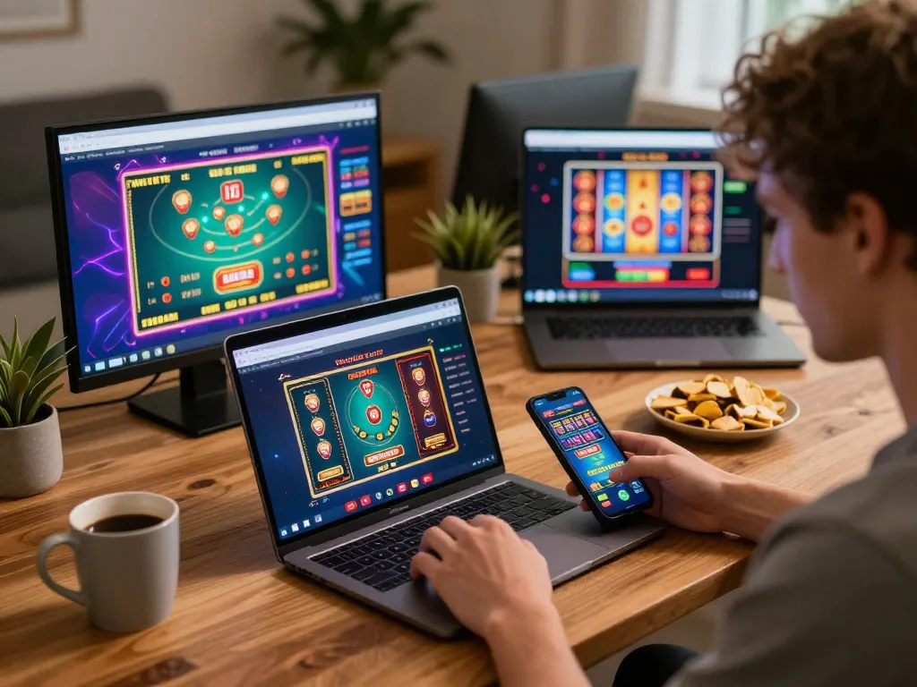 Gamer engaging with multiple casino websites online, showcasing dynamic gameplay on a modern setup, advancing bankroll management