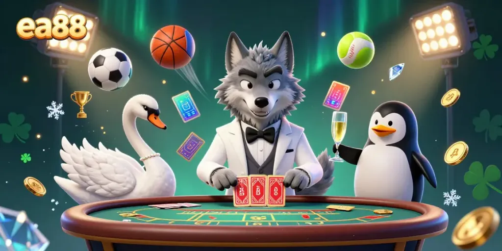 Experience winning with ea88's luxurious casino scene featuring elegant characters and dynamic sports elements.