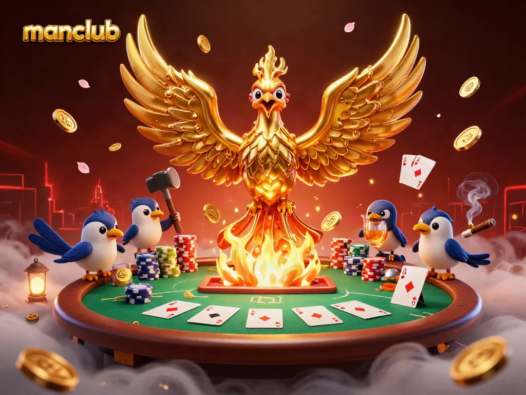Engage in thrilling poker action with Manclub's golden phoenix and vibrant gaming elements.