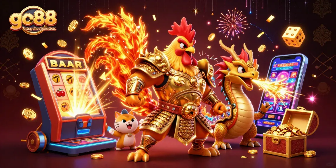 Play exciting games at go88 trang chu chinh thuc with a dynamic scene of a golden-armored rooster and dragon.