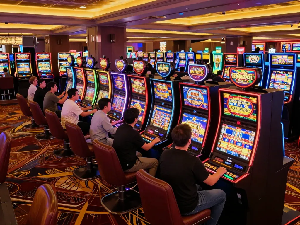 Players enjoying thrilling SLOT action at vibrant casino machines with colorful displays.