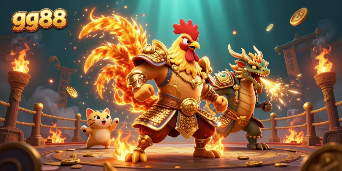 Experience thrilling gameplay at gg88 with a vibrant 3D casino illustration featuring a legendary rooster and dragon duo.