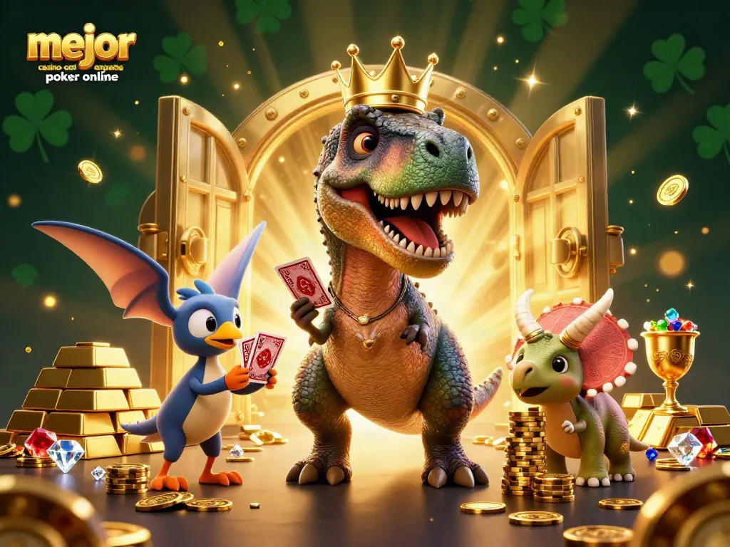 Disfruta de la emoción del mejor casino online España poker online con un T-Rex y sus amigos en una escena vibrante.