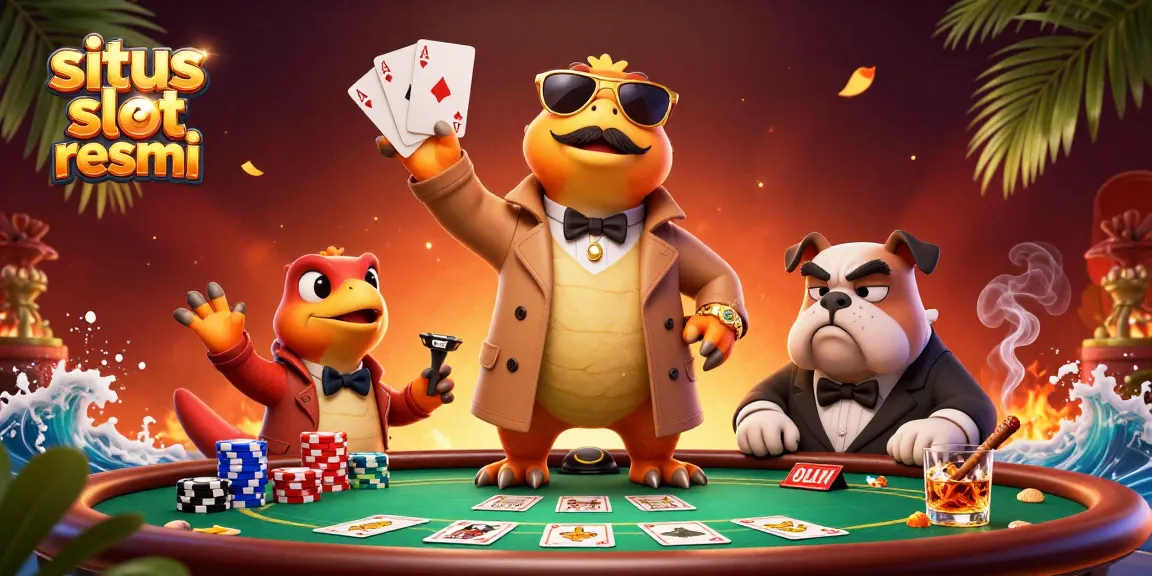 Experience situs slot resmi with playful raptors in casino attire converging at a poker table.