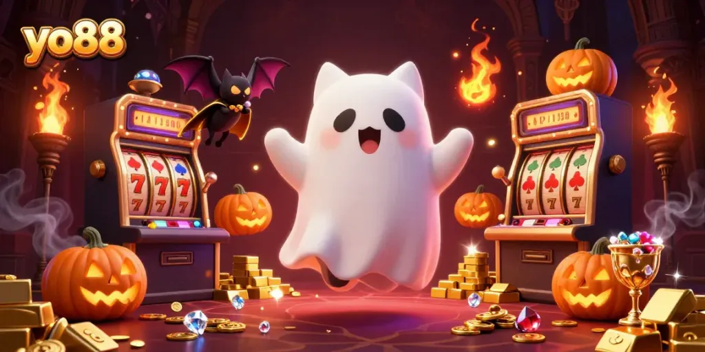 Engage with yo88's vibrant casino experience featuring a ghost cat, bat companion, and glowing treasures.
