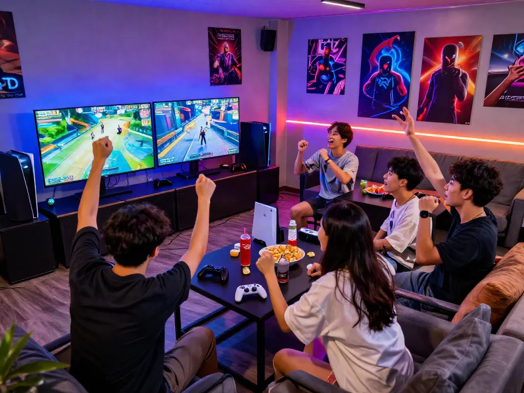 Friends enjoying games together in a vibrant gaming lounge with rokok88 link on display, showcasing multiplayer excitement.