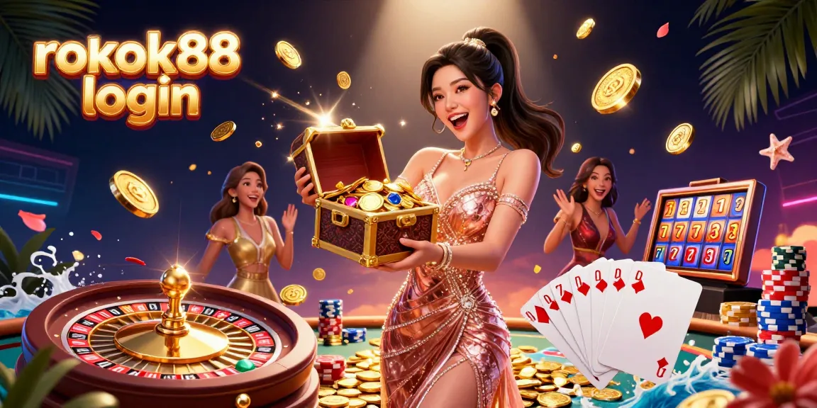 Experience the excitement of rokok88 login with vibrant casino elements and treasures in a dynamic 3D illustration.
