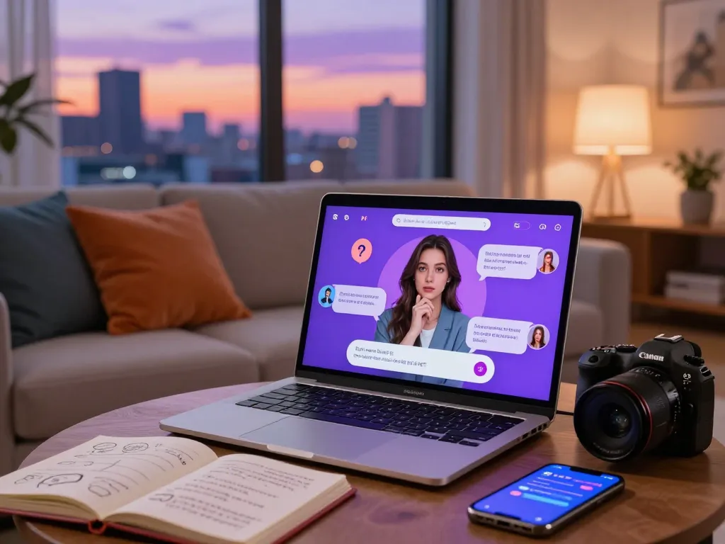 Engaging AI sex chat conversation on a sleek laptop in a cozy living room atmosphere.