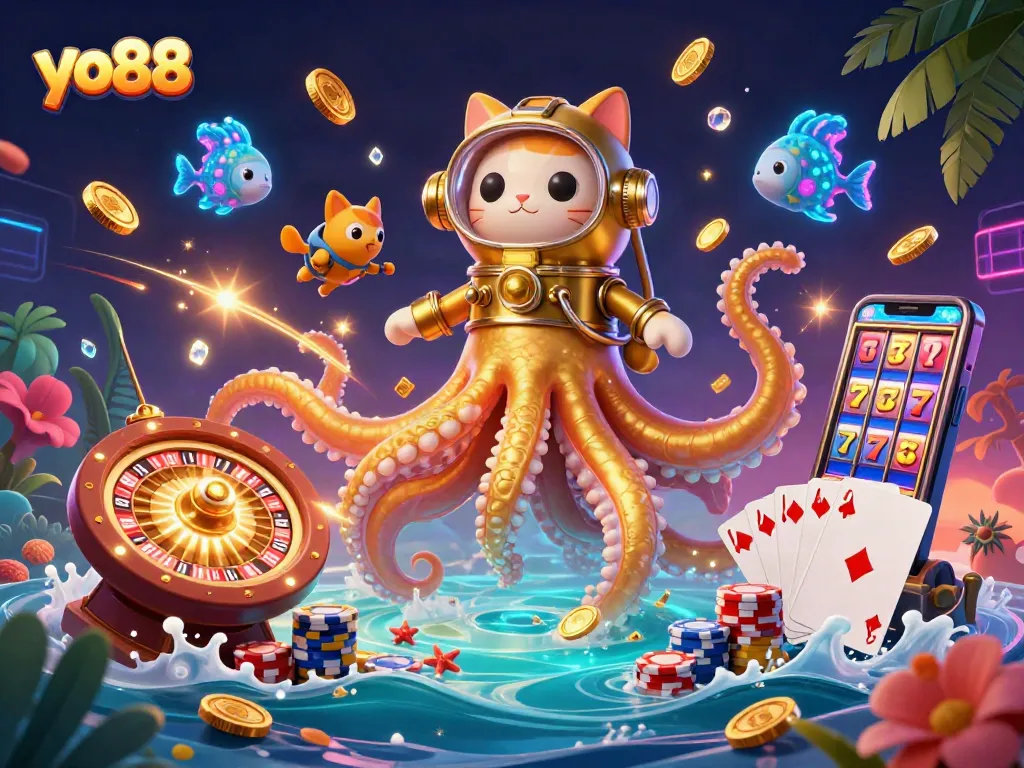 Spin the slot reels at yo88 while a golden kraken and diving cat celebrate ocean treasures.