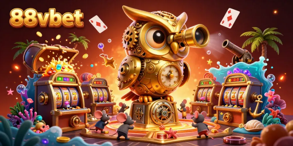 Engage in thrilling gameplay at 88vbet with a dynamic casino scene showcasing a golden owl, slot machines, and underwater treasures.