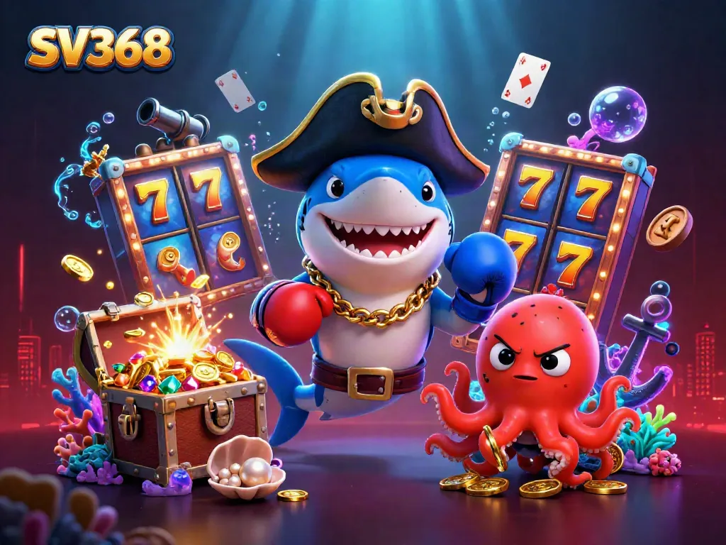 SV368 casino-themed 3D illustration with a shark, pufferfish, and octopus amidst vibrant slot elements and treasures.