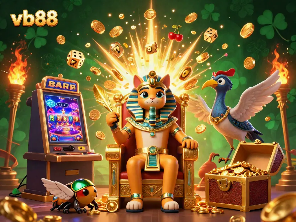 Experience thrilling gameplay with vb88 as the Egyptian pharaoh cat and colorful casino elements burst with excitement.