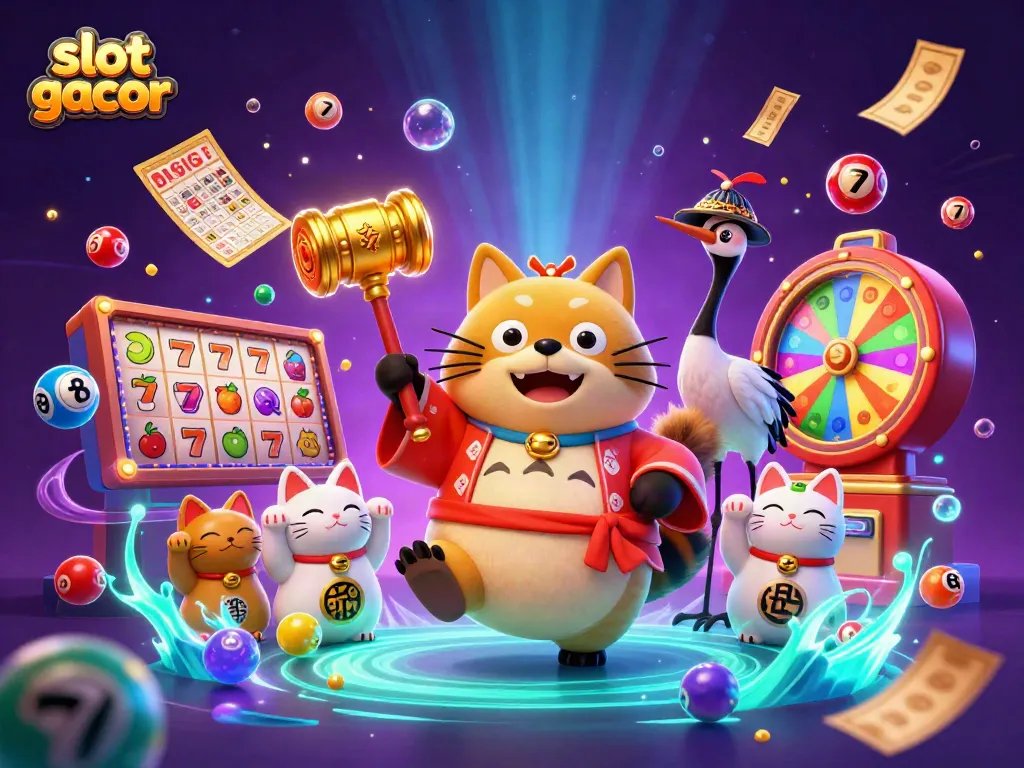 Experience vibrant gameplay with slot gacor as a cheerful tanuki and friends celebrate winning strategies in this dynamic casino scene.