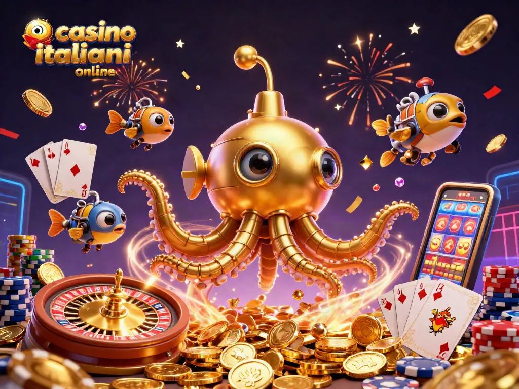 Gioca nei casinò italiani online con la festosa scena di un sottomarino d'oro e monete luccicanti.