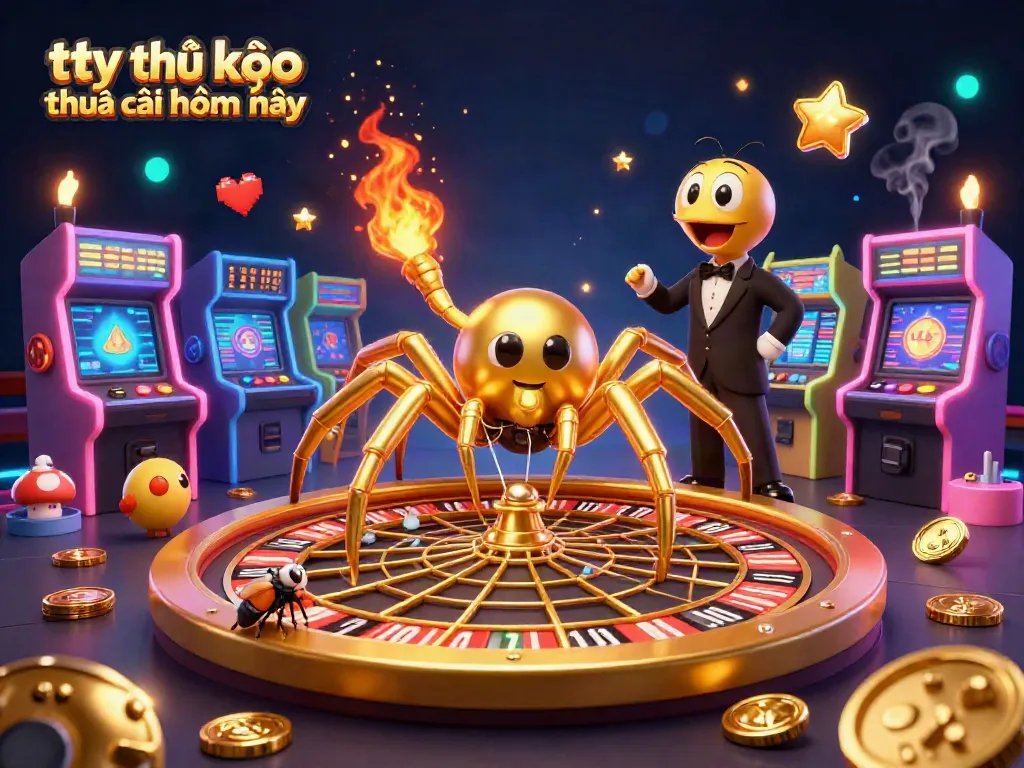 Engage with tỷ lệ kèo nhà cái hôm nay as a golden spider spins a roulette wheel web in this vibrant illustration.