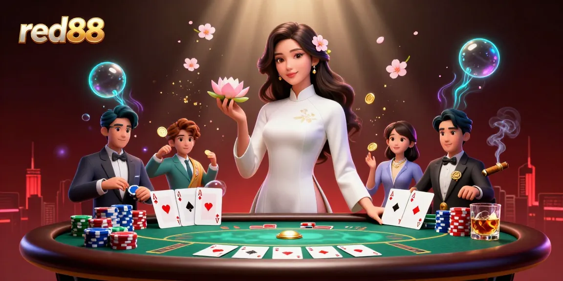 Experience red88's vibrant casino atmosphere at a lavish poker table surrounded by charming characters.