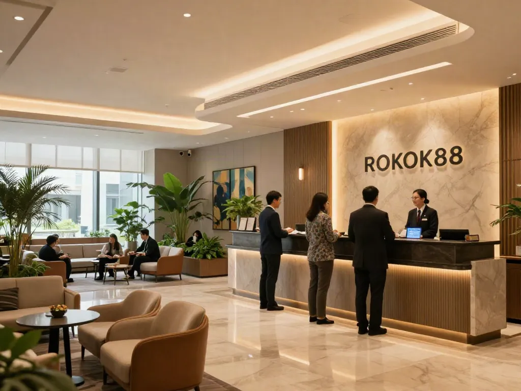 ROKOK88 hotel lobby welcoming guests with friendly staff and inviting decor, perfect for rokok88 slot login.