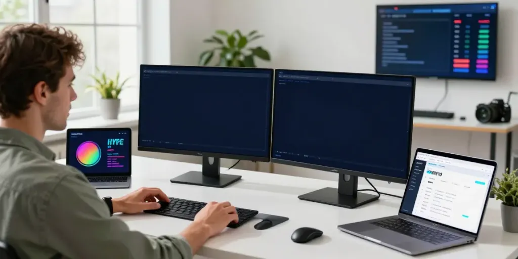 Workspace featuring digital analyst reviewing HYPE liquid staking metrics on dual monitors, showcasing Kinetiq Hyperliquid.